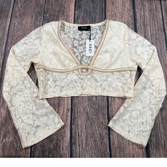 Cider Cream Floral Lace Long Sleeve Crop Top Braided Trim Boho XL - Picture 2 of 11
